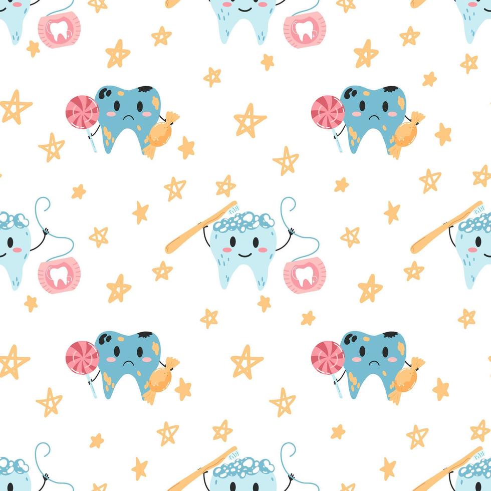 Seamless pattern with hand drawn kawaii teeth characters in cartoon flat style. Vector illustration of cartoon children background for wrapping paper, fabric print, cover, card and web design