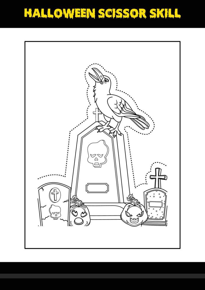 Halloween scissor skill for kids. Halloween scissor skill coloring page for kids. vector