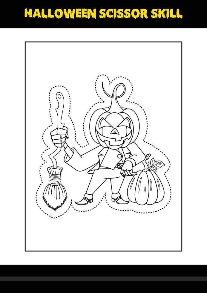 Halloween scissor skill for kids. Halloween scissor skill coloring page for kids. vector