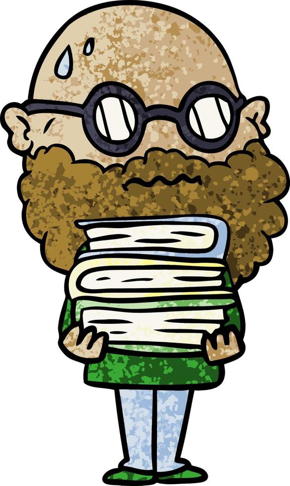 hombre preocupado de dibujos animados con barba y pila de libros vector