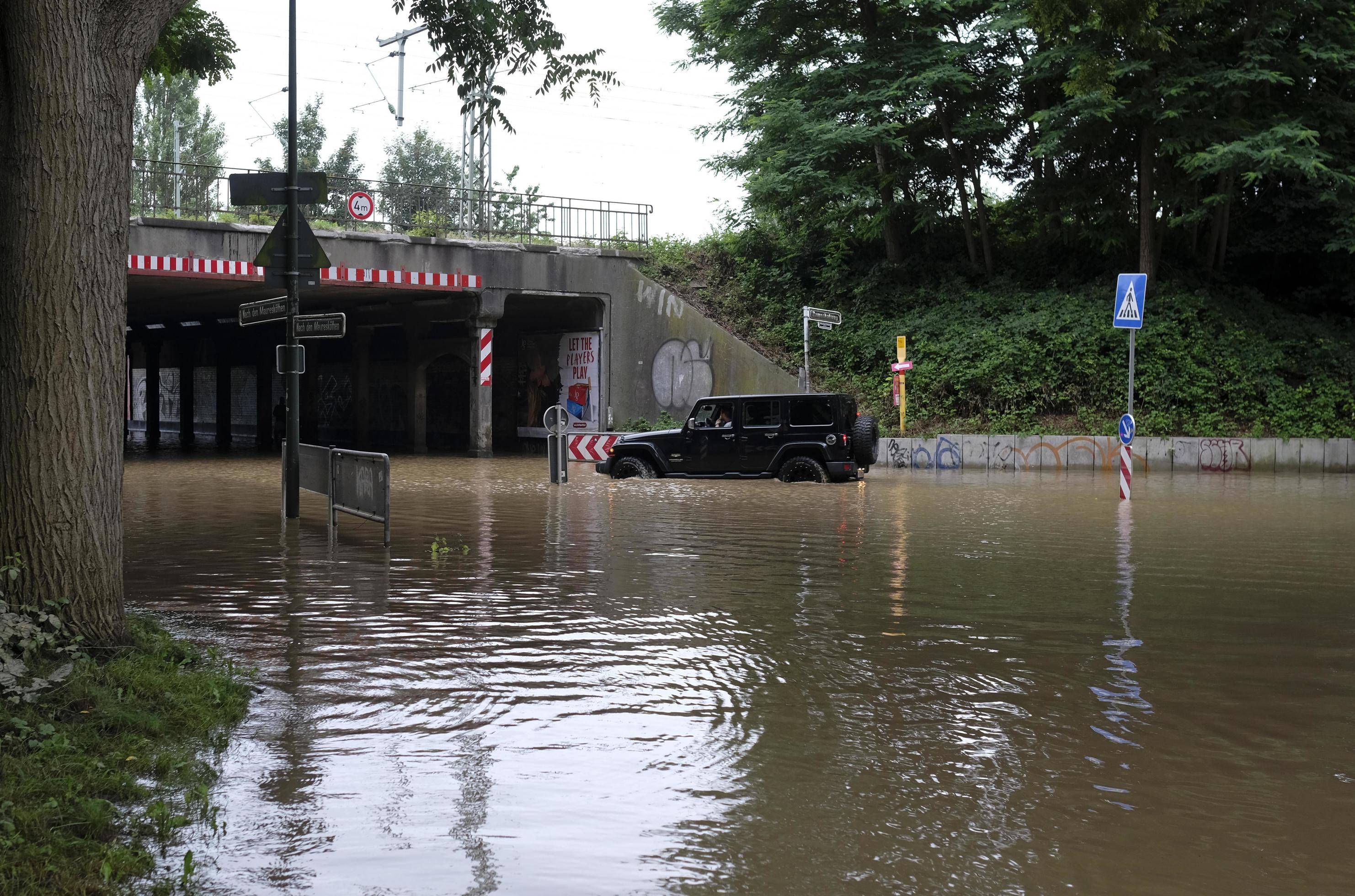 Dusseldorf, Germany, 2021 - Extreme weather - flooded street zone in ...