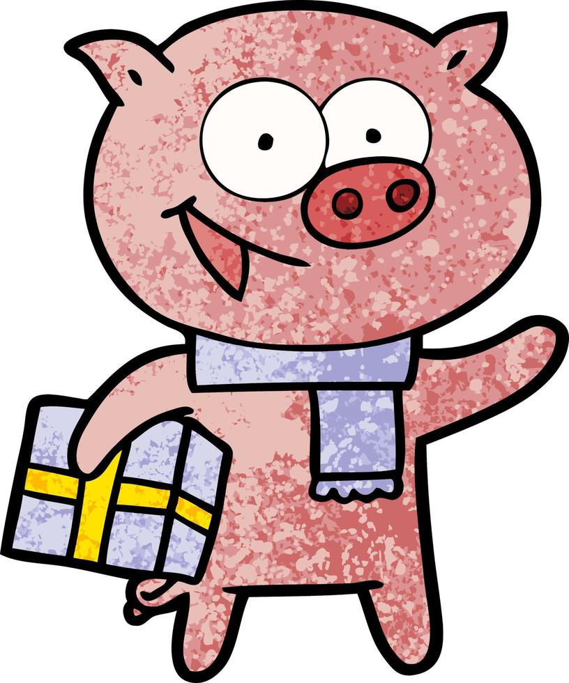 cerdo alegre con regalo de navidad vector