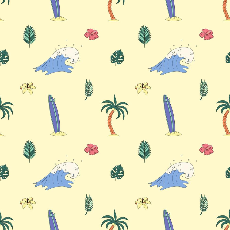 Seamless Pattern With Hand Drawn Elements With a Surf Theme. Wave, Surf, Palm Trees And More. vector