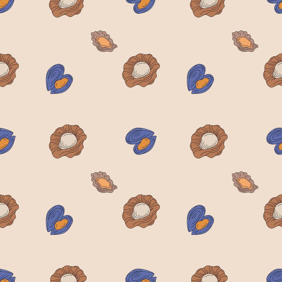 Seamless Pattern With Mussels. Flat Hand Drawn Vector Illustration. For Printing On Menus, Fish Restaurants, Packaging.