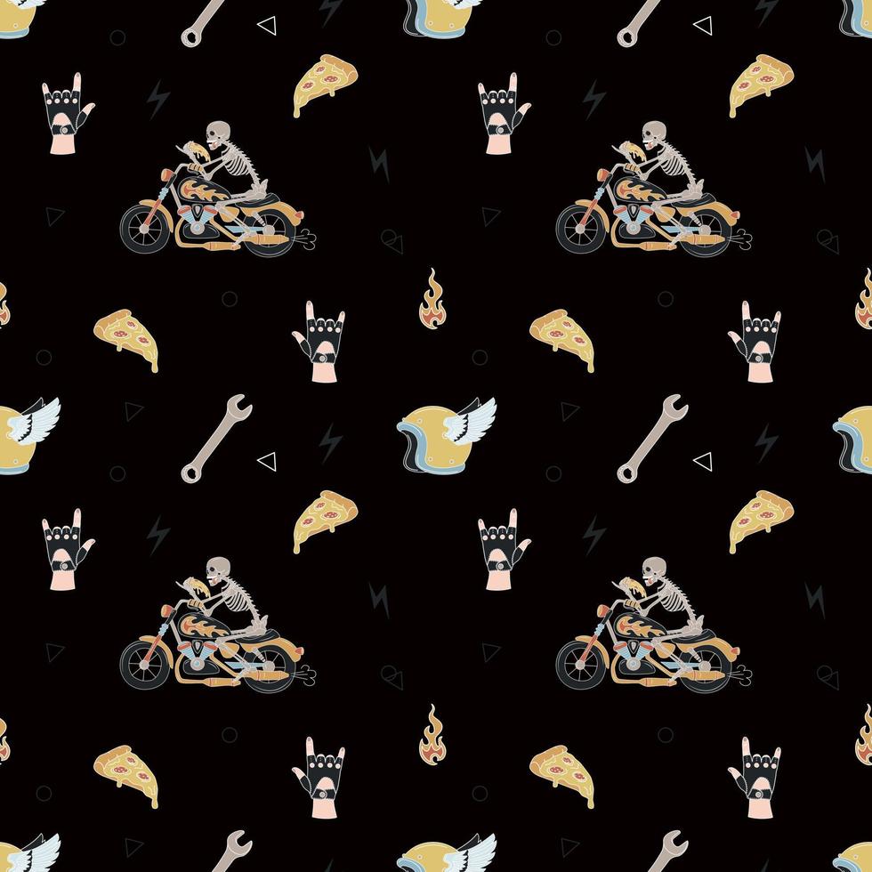 Seamless Pattern With a Skeleton On a Motorcycle And Other Elements. For T Shirt Prints And Other Uses. vector