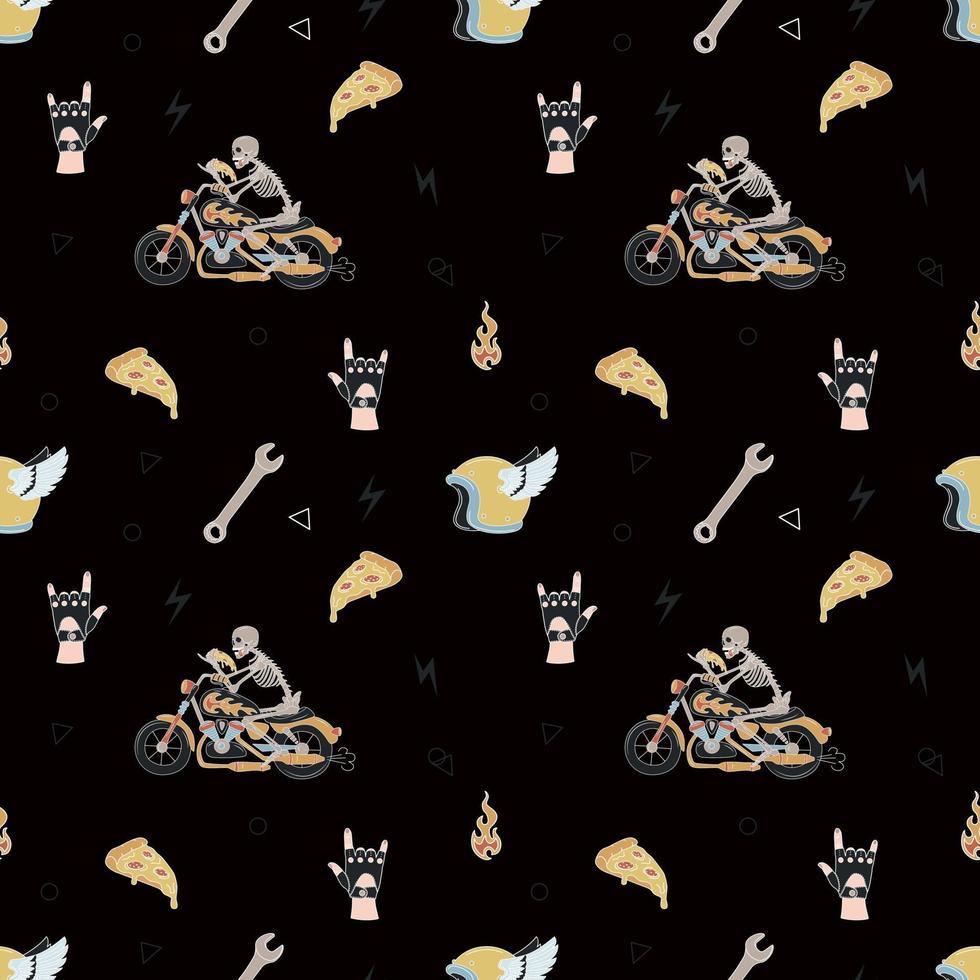 Seamless Pattern With a Skeleton On a Motorcycle And Other Elements. For T Shirt Prints And Other Uses. vector