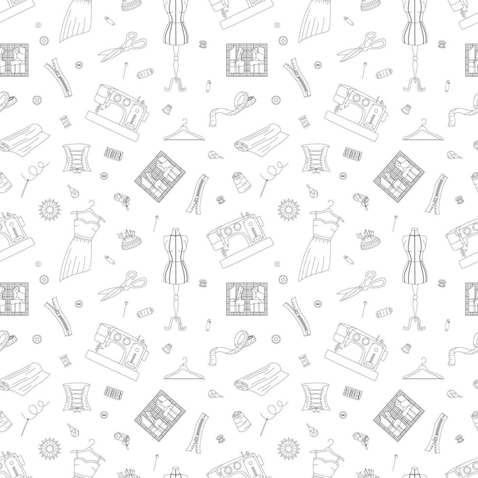 Seamless Pattern With Sewing Elements. Sewing Machines, Dresses, Buttons, Scissors, Needles vector
