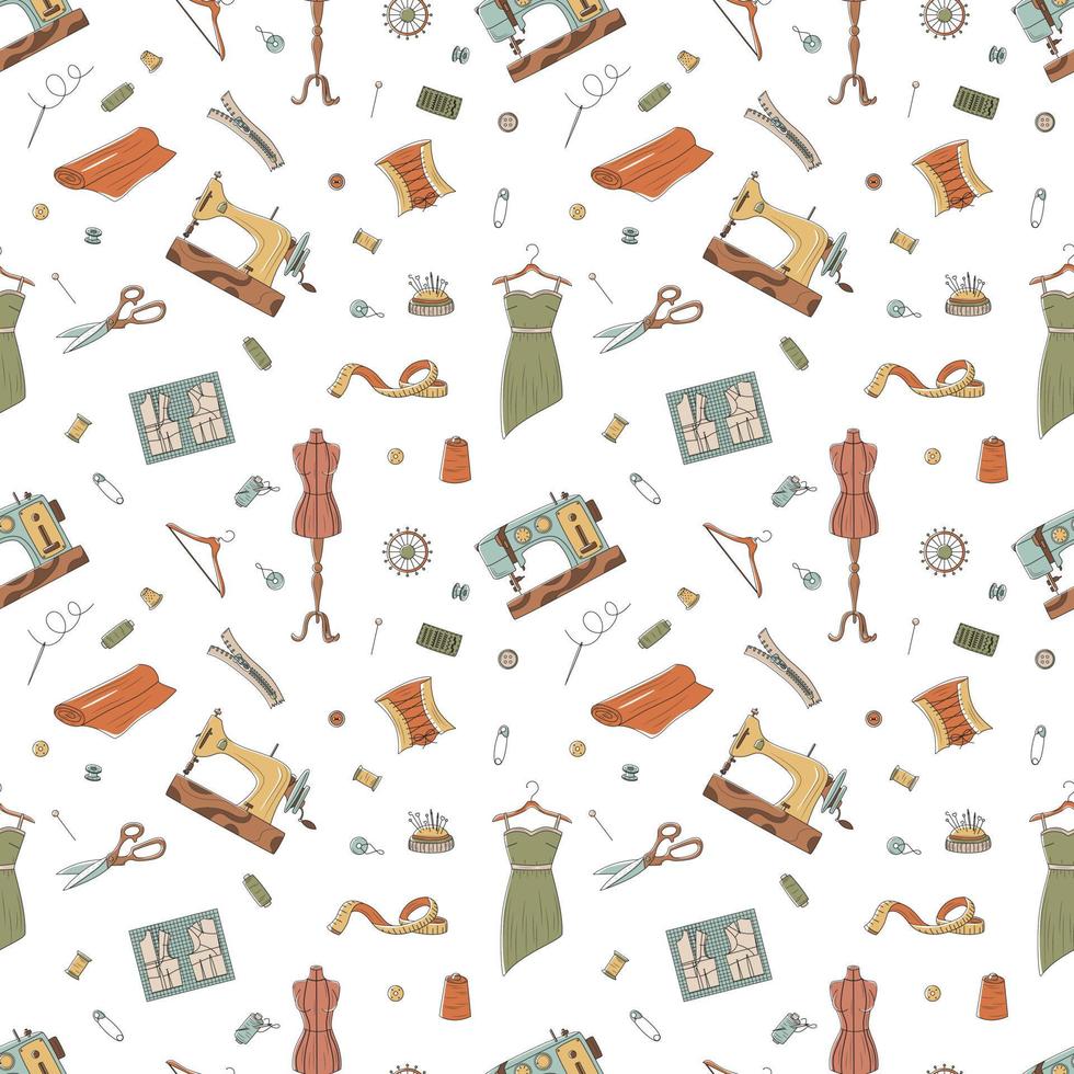 Seamless Pattern With Sewing Elements. Sewing Machines, Dresses, Buttons, Scissors, Needles, Etc. vector
