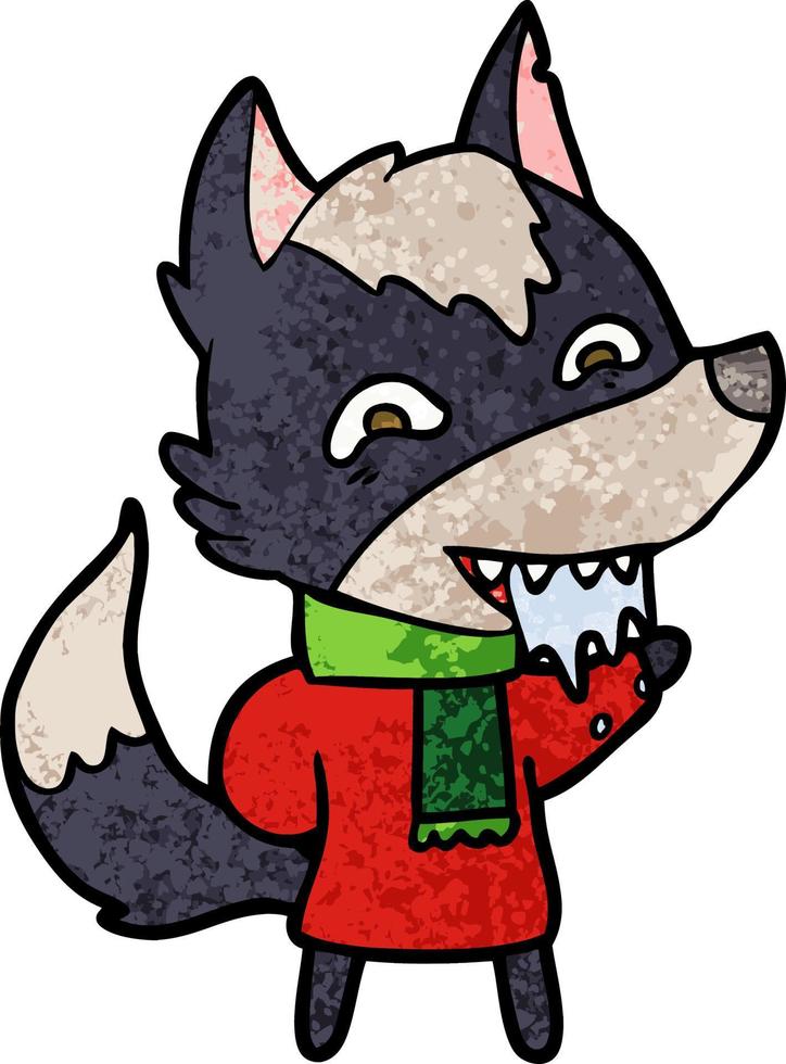 cartoon hungry wolf in winter clothes vector