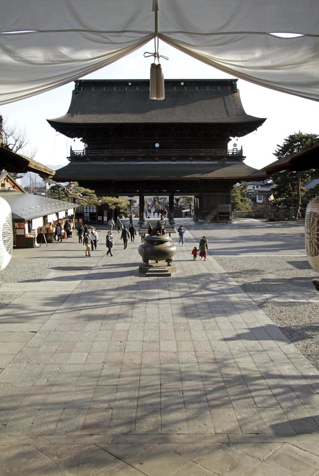Nagano, Japan, 2019 - Buddhist temple Zenko-ji in Nagano with a few visitors in the courtyard photo