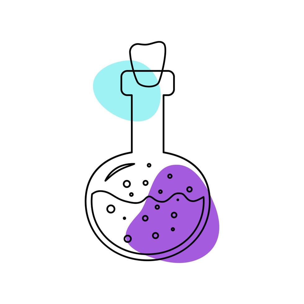 Flask with potion in the style of line art with colored spots. vector illustration