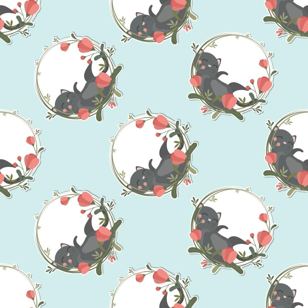 meow and wreath cartoon sticker seamless pattern vector