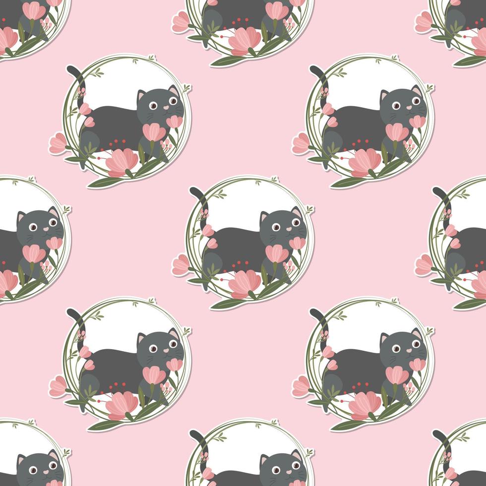 cute kitty and wreath sticker seamless pattern vector