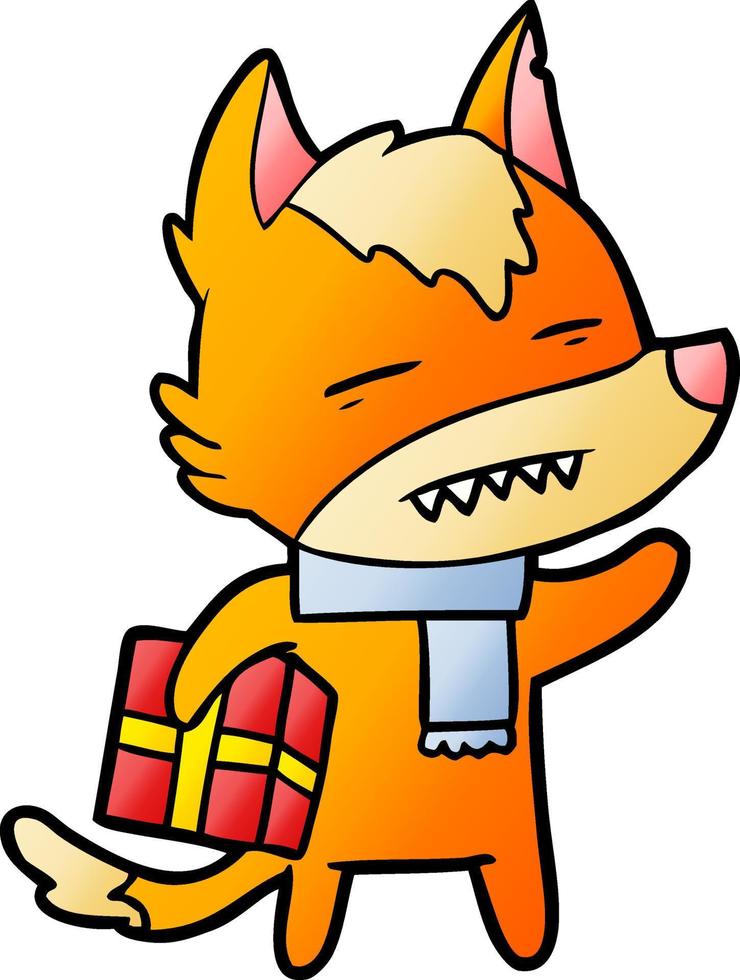 fox cartoon character with present vector