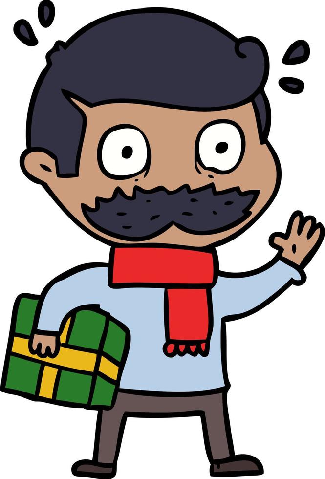 cartoon man with mustache and christmas present vector