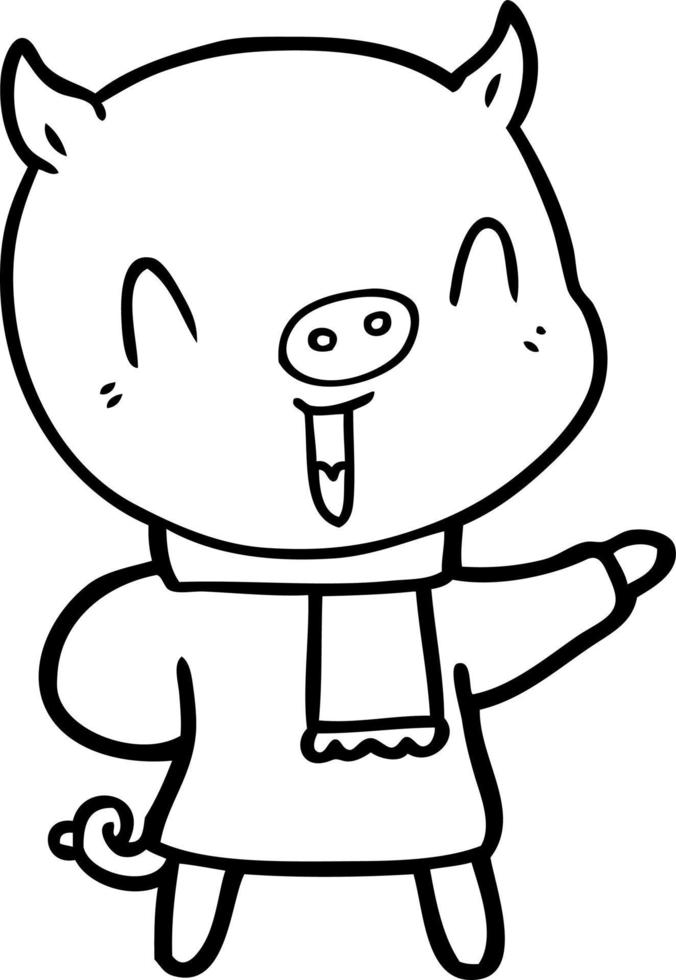 happy cartoon pig in winter clothes vector