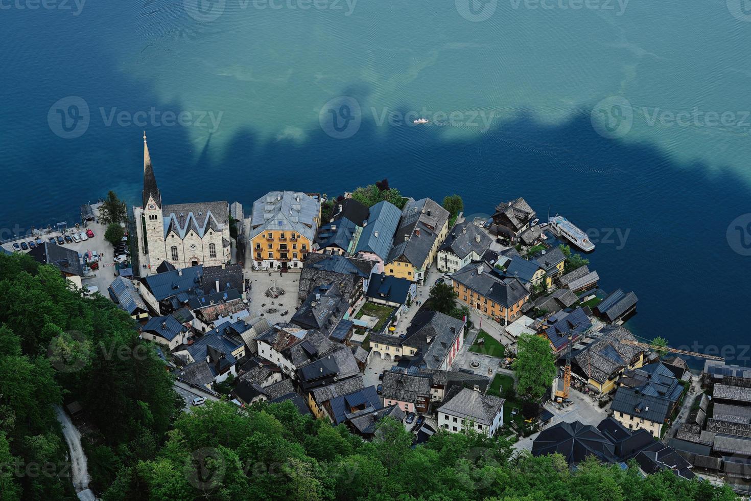 Panoramic view from above of scenic landscape over Austrian alps lake in Hallstatt, Austria. photo