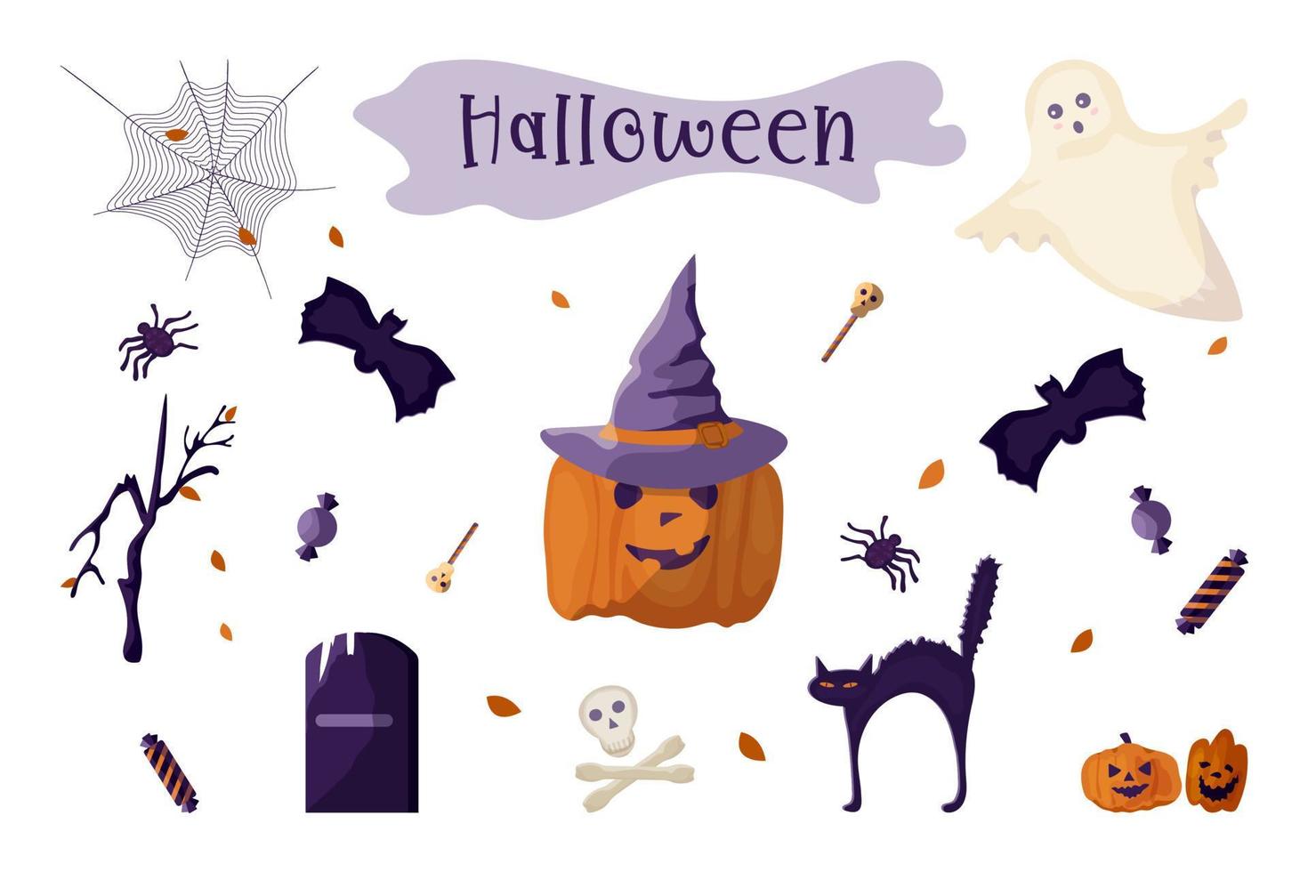 un conjunto de imágenes vectoriales para celebrar halloween, calabazas, sombrero, telaraña, araña, lápida, fantasma y otros vector