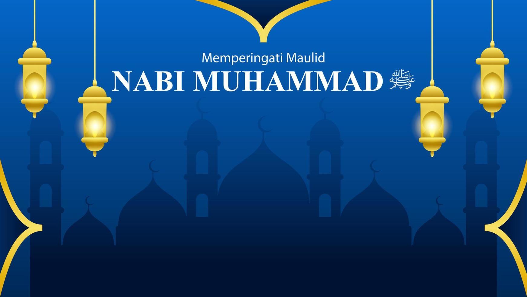 feliz mawlid nabi muhammad vio con mezquita en fondo azul vector