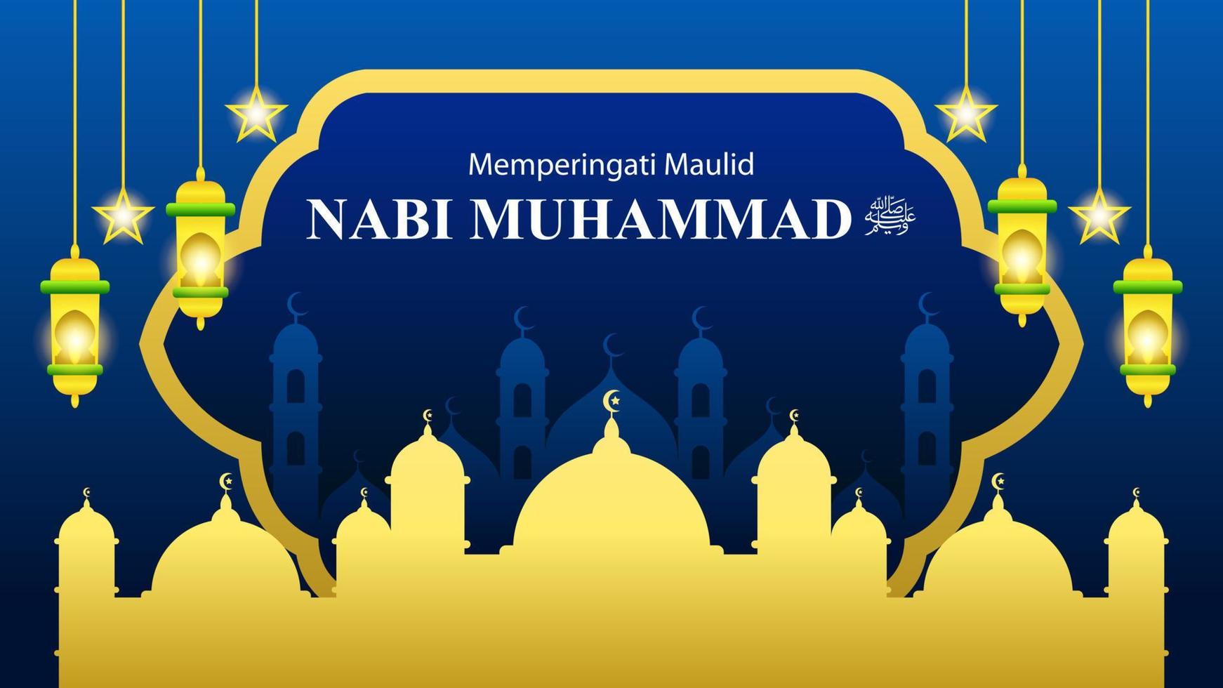 Happy Mawlid Nabi Muhammad SAW with Mosque in Blue Background vector