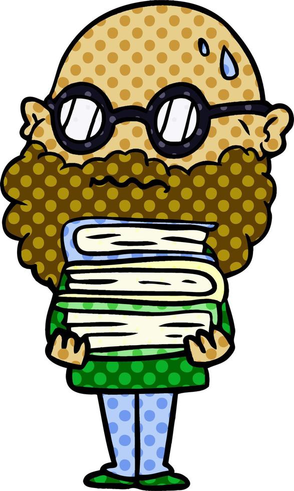 hombre preocupado de dibujos animados con barba y pila de libros vector