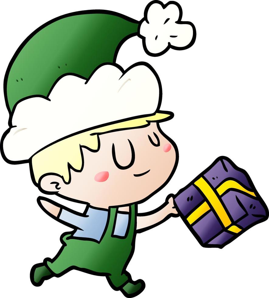 cartoon happy christmas elf with present vector