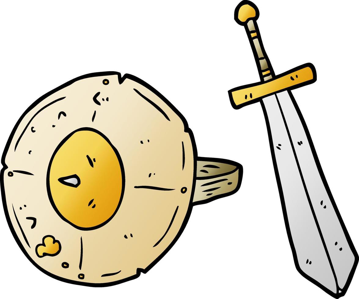 cartoon old gladiator shield and sword vector