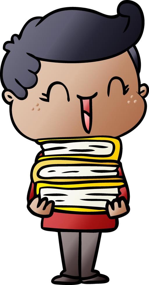 cartoon laughing boy carrying books vector