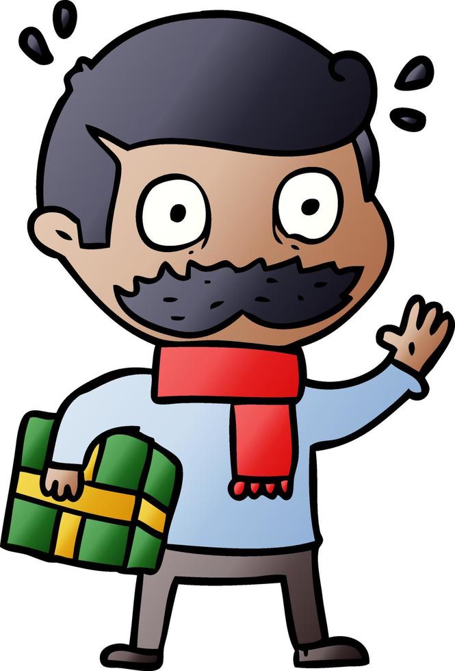 cartoon man with mustache and christmas present vector