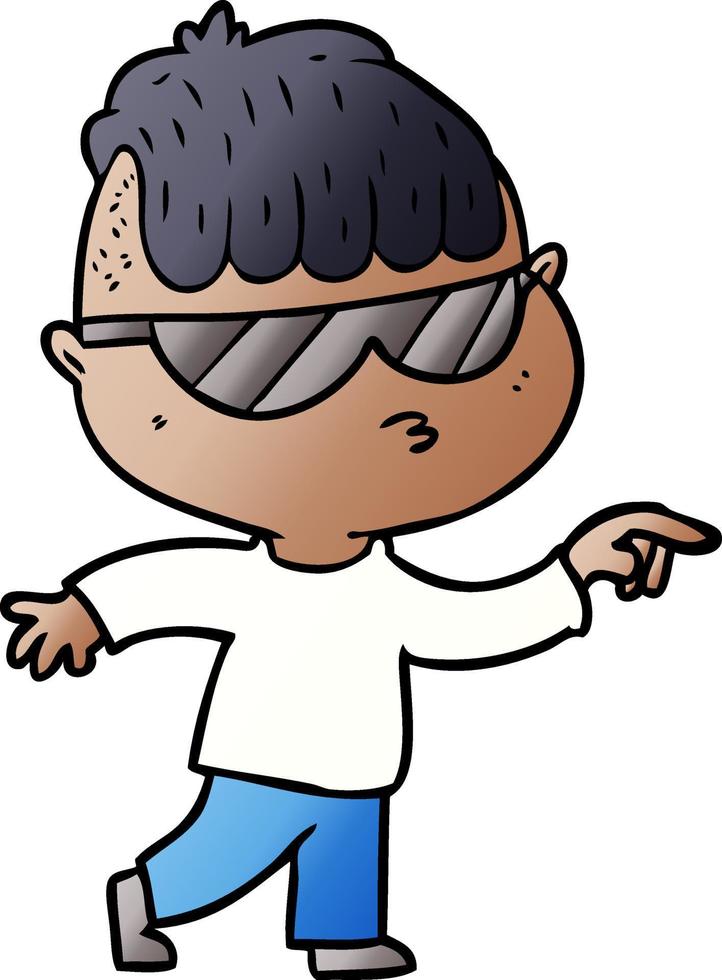 niño de dibujos animados con gafas de sol apuntando vector