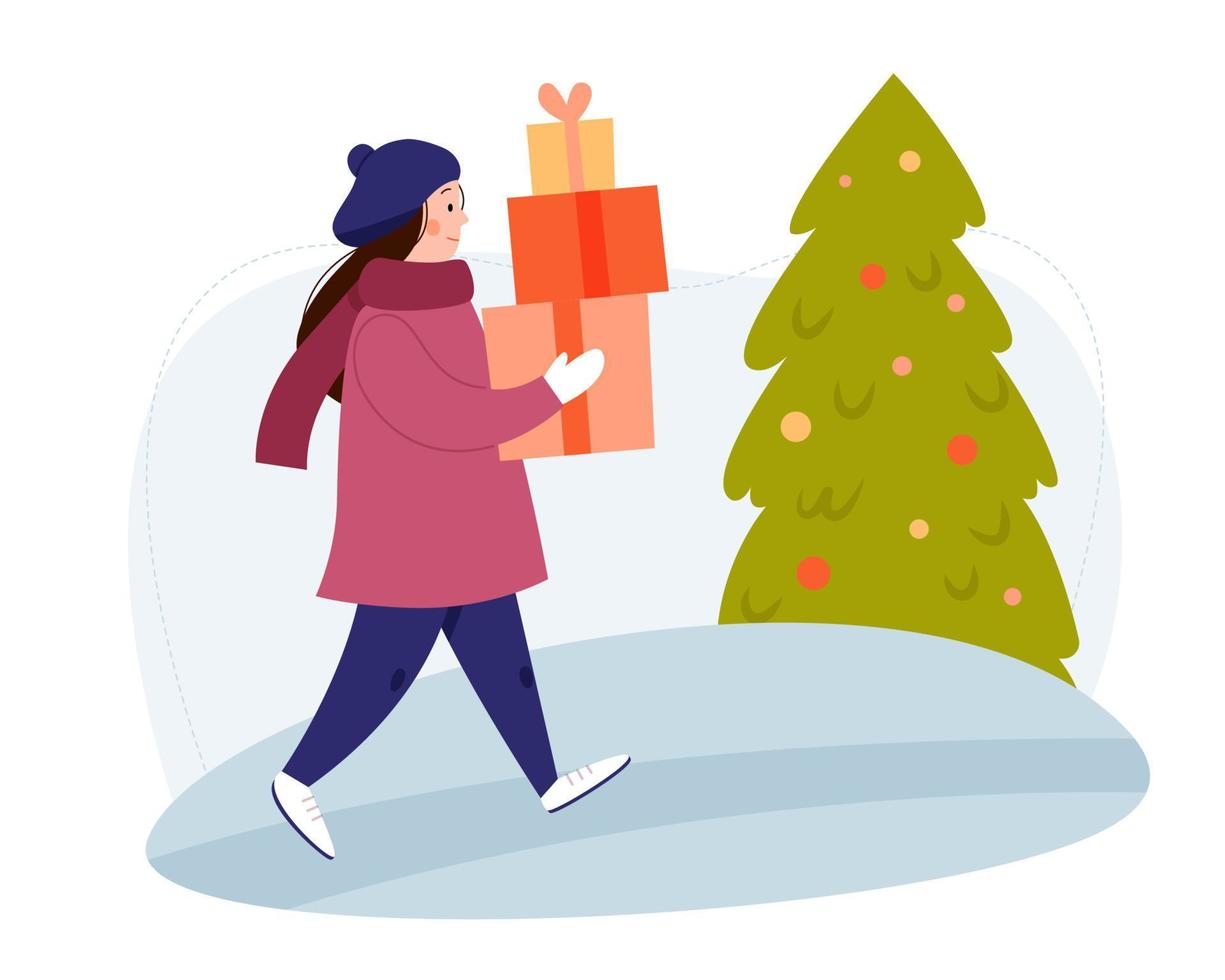 la niña lleva regalos para navidad. una mujer camina con regalos en las manos. escena navideña de invierno con árbol de navidad y regalos. vector