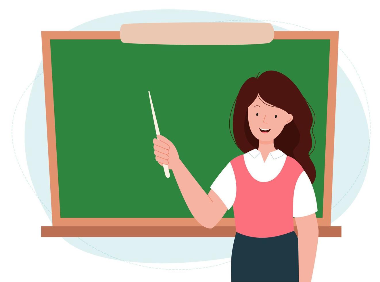 profesora en el aula. mujer señalando algo en una pizarra con un puntero. escuela y concepto de aprendizaje. día del Maestro. vector