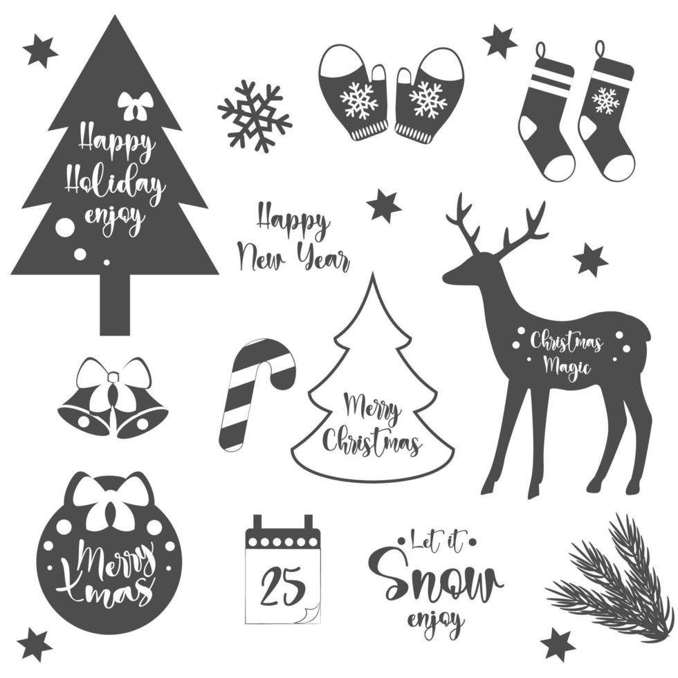 Set of Christmas inscriptions, black and white vector illustration