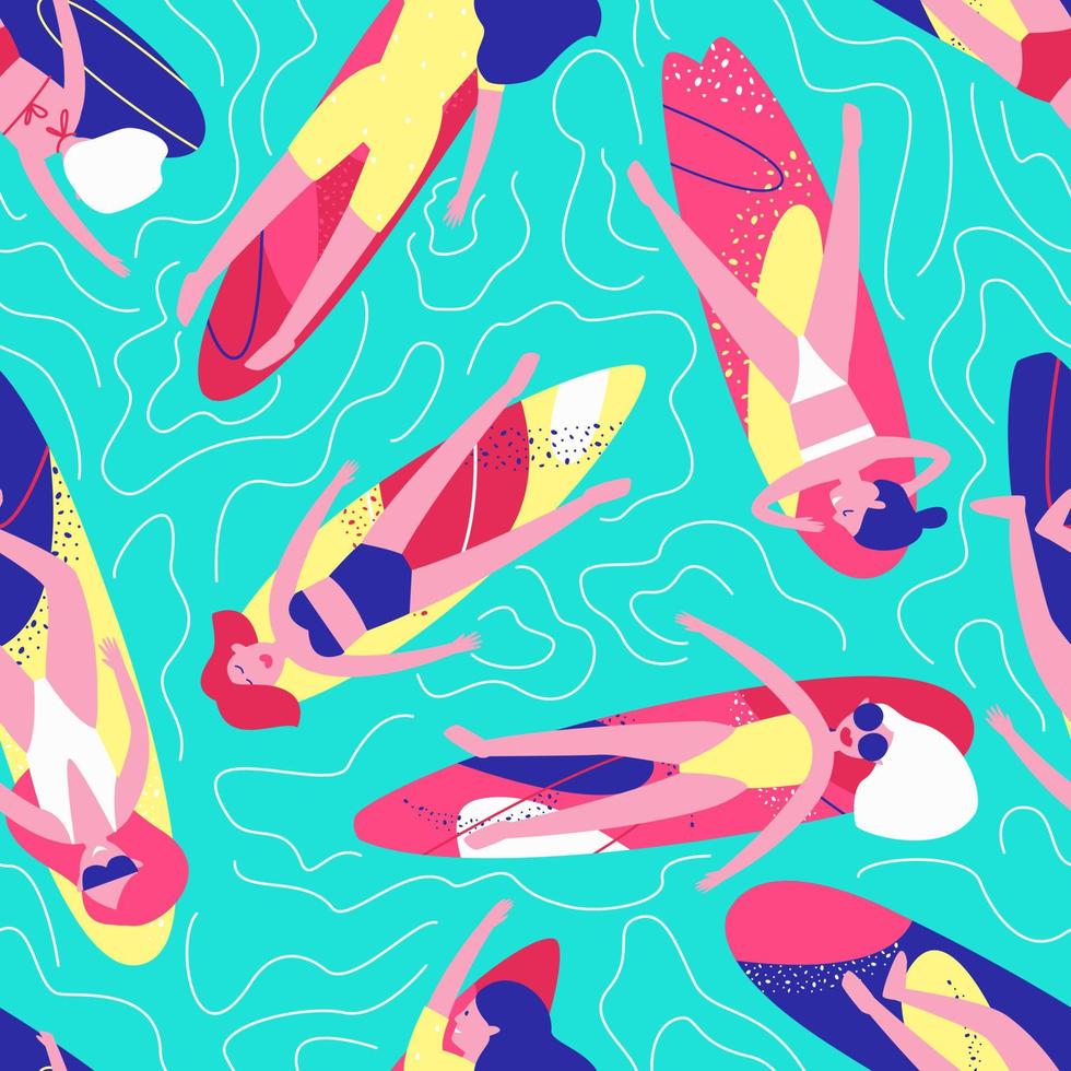 Seamless pattern with girls swimming on surfboards and sunbathing vector