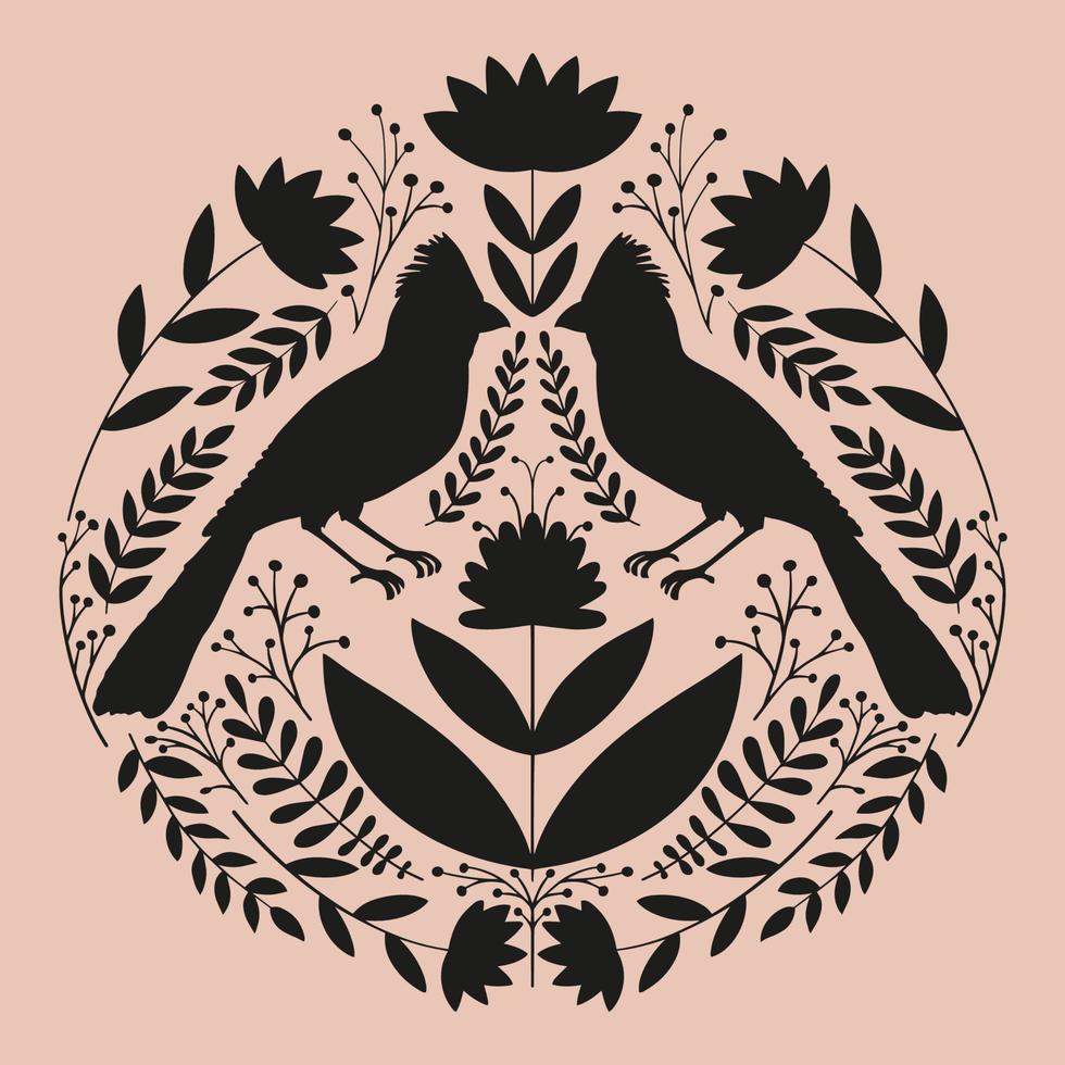 Symmetrical ornament with birds, flowers and leaves with different folk compositions. Motif in scandinavian style. Ethnic flat illustration with paper texture in white. vector