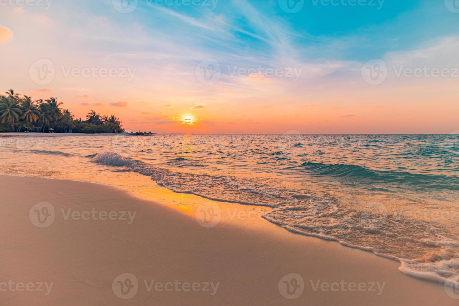 Sea sand sky concept, sunset colors clouds, horizon, horizontal background banner. Inspirational nature landscape, beautiful colors, wonderful scenery of tropical beach. Beach sunset, summer vacation photo