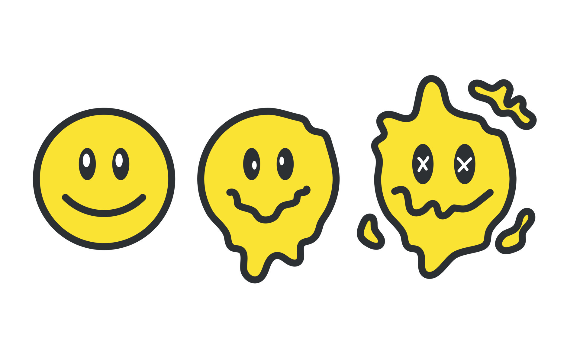 Melt smile faces set. Acid rave style. Psychedelic positive emoji