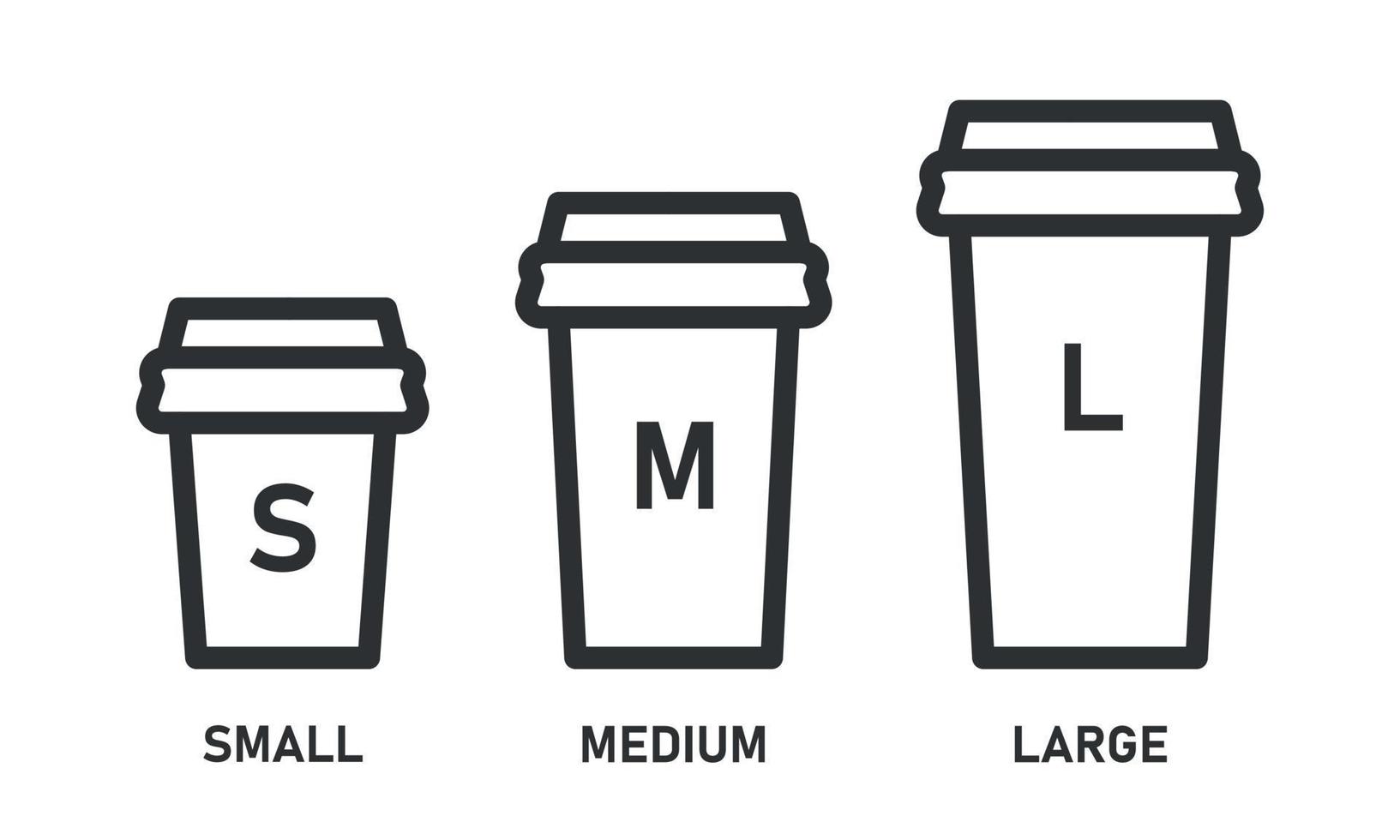 Cup size line icon set. Small, medium and large take away drink.  Vector illustration