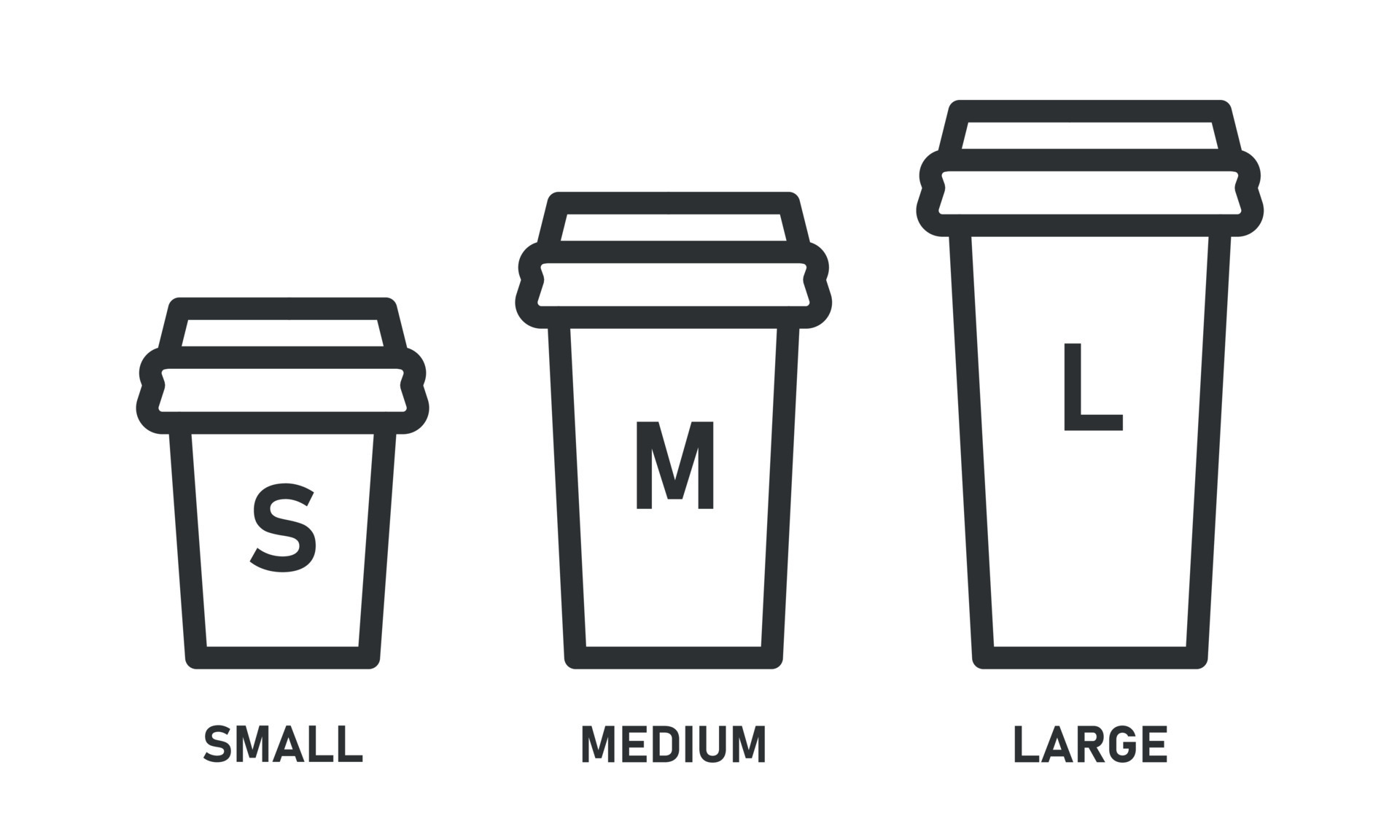 Cup size line icon set. Small, medium and large take away drink