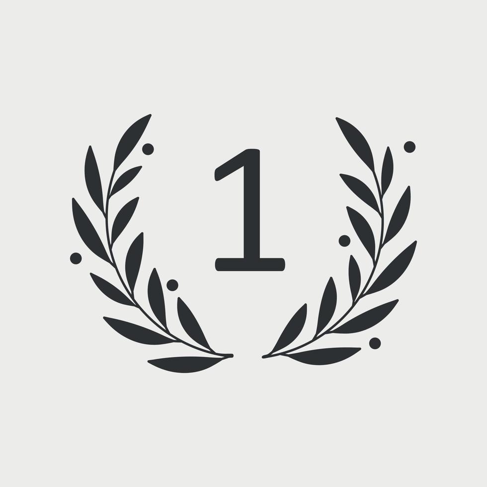 Wreath of laurel with number one. Black icon. Symbol of victory and success. Vector illustration