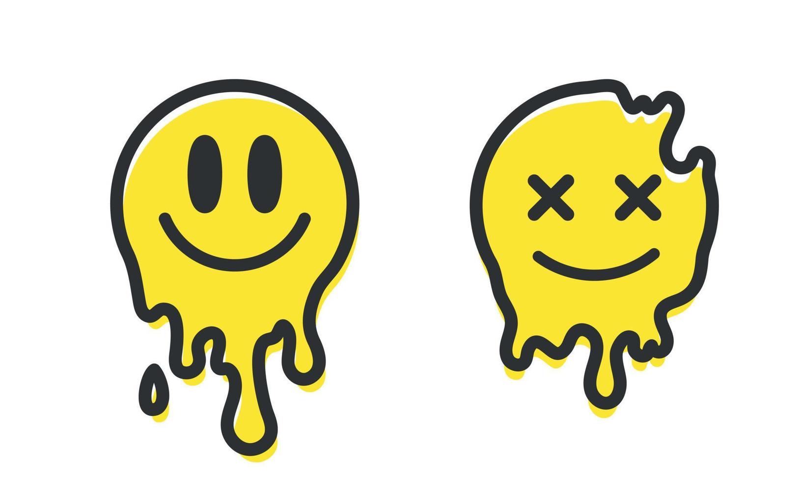 Melt smile faces set. Acid rave style. Psychedelic positive emoji. Vectror illustration vector