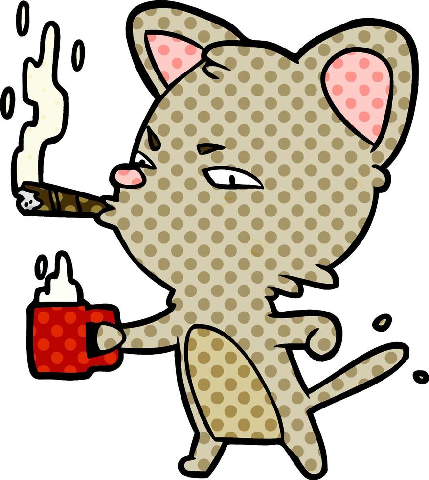 cartoon serious business cat with coffee and cigar vector