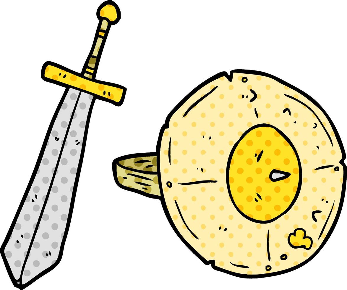 caricatura, viejo, gladiador, escudo, y, espada vector