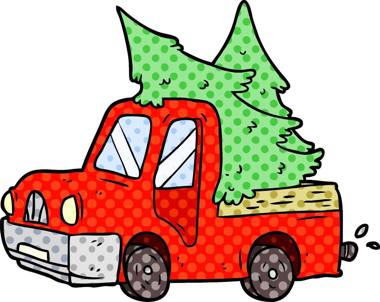 cartoon pickup truck carrying christmas trees vector