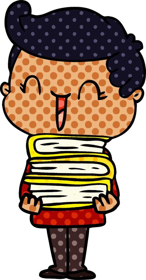 cartoon laughing boy carrying books vector