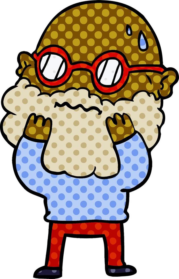 hombre preocupado de dibujos animados con barba y gafas vector