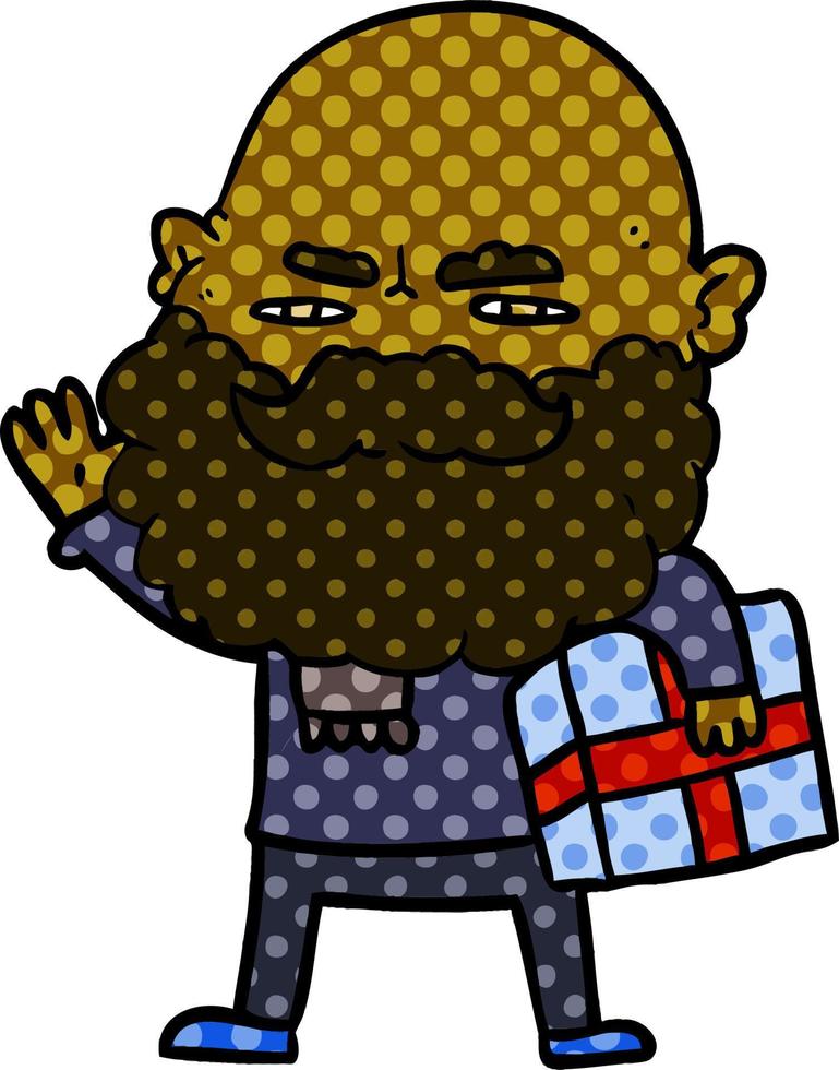 cartoon man with beard frowning with xmas gift vector