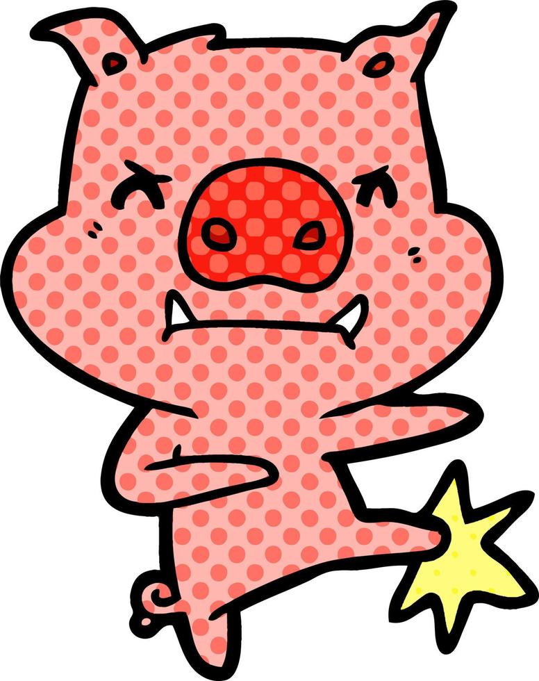 angry cartoon pig karate kicking vector