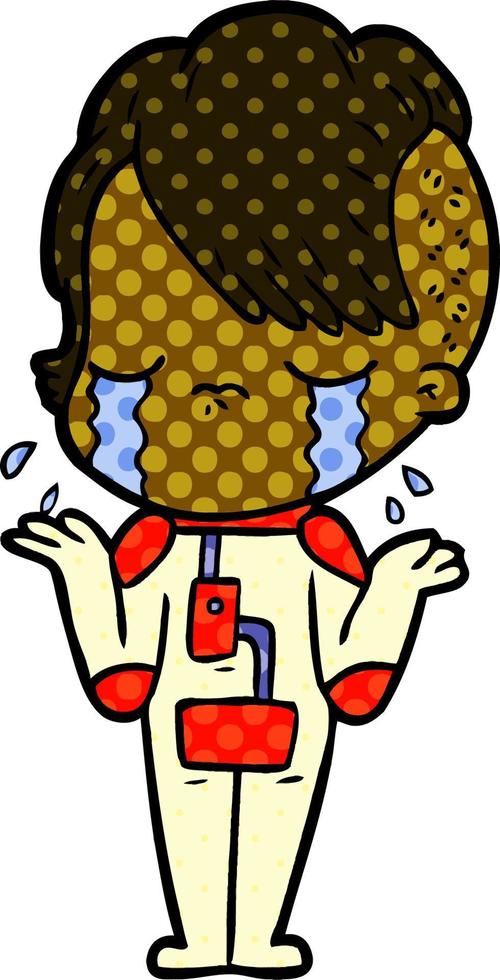 cartoon crying girl wearing space clothes vector