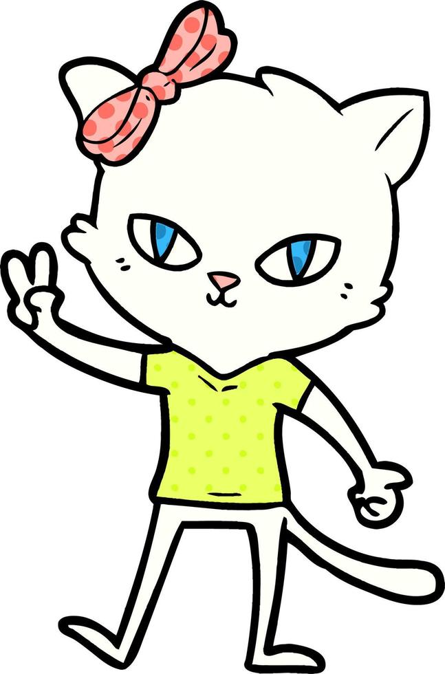 cute cartoon cat girl giving peace sign vector